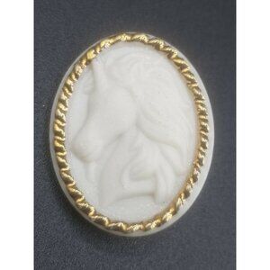 Avon Porcelain Unicorn Brooch Pin White with Gold Rope Trim Raised Relief